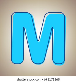 Letter M sign design template element. Vector. Sky blue icon with defected blue contour on beige background.