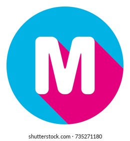 Letter M sign design template element. Vector. Flat white icon with mexican pink shadow inside sky blue(S and G) circle at white background. Isolated. Trend colors in 2017.