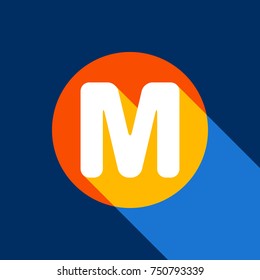 Letter M sign design template element. Vector. White icon on tangelo circle with infinite shadow of light at cool black background. Selective yellow and bright navy blue are produced.