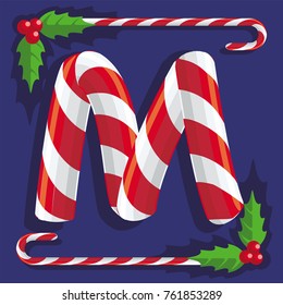 Letter M, sign of red and white sweets sweet candy cane on a blue background, illustration, vector