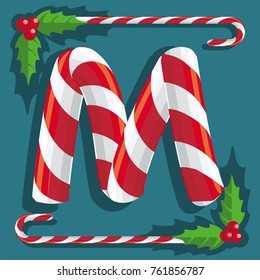 Letter M, sign of red and white sweets sweet candy cane on red background, illustration, vector