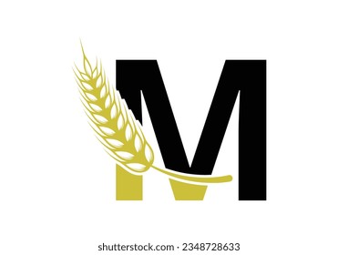 símbolo del signo de la letra M con orejas de trigo cortaba. Símbolo vector de plantilla de cultivo con logotipo agrícola