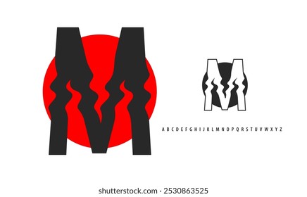 Letter M silhouette on red sun, twisting alphabet. Japanese logo for sushi roll restaurant logo, asian cultural event logotype. Vector logo and typeset