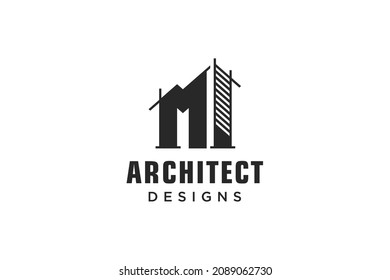 Letter M Einfaches Design für moderne Bauarchitektur Logo-Design mit Line Art Wolkenkratzer