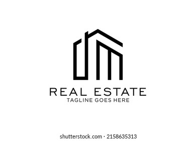 Letra M Diseño del logotipo de la arquitectura moderna de construcción simple con rascacielos de arte lineal