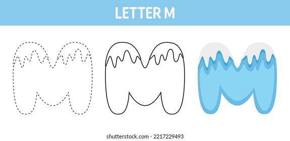 Letter M Snow tracing   coloring worksheet for kids
