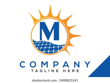 Letter M with solar panel and sun sign Logo Design Vector Template.