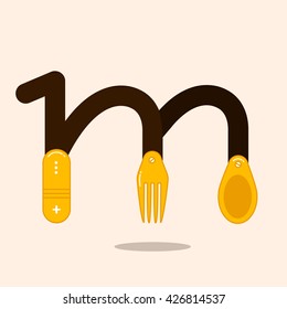 Letter M with spoon and fork. Letter fork logo illustration for your identity or restaurant