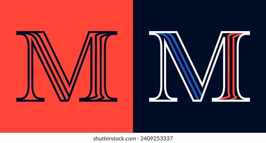 Letter M sport logo. Blue and red lines font. Patriotic emblem for Independence or Veterans Day. Serif type for college baseball team, basketball uniform, vintage style headlines, motorcycle magazine.