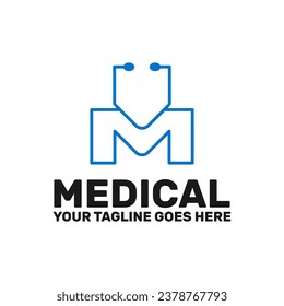 letter m with stethoscope icon, medical logo template