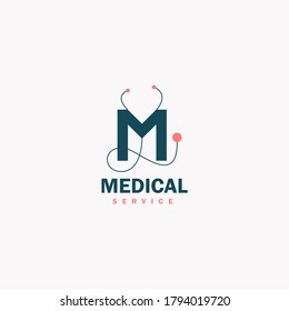 Letter M with stethoscope. Medical Service Logo icon Design 