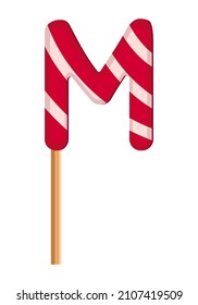 Letter M from striped red and white lollipops. Festive font or decoration for holiday or party. Vector flat illustration