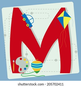 Letter "m" from stylized alphabet with children's: kite, toy car, brush, watercolor, spinning top
