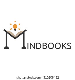 Letter M stylized as book with lightbulb shining above it logo template. EPS 10 vector illustration, no transparency