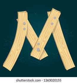 Letter M - stylized vector font made from wooden planks hammered with iron nails.