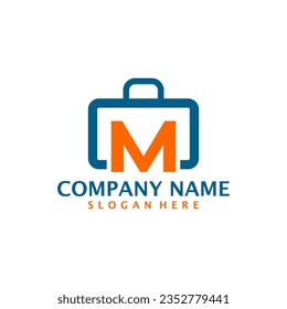Letra M con vector de diseño del logotipo de maleta. Concepto de plantilla de diseño del logotipo inicial de M con maleta