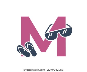 letra m con gafas de sol y sandalias. logotipo de texto de vacaciones y vacaciones. diseño de verano y turismo exótico. imagen vectorial aislada