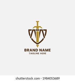 Letter M and Sword on Shield Monogram Initial Logo in White Background