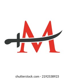 Plantilla de vectores con logotipo de espadas M. Icono de espadas para símbolo de protección y privacidad