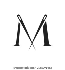 Letter M Tailor Logo, Needle and Thread Combination for Embroider, Textile, Fashion, Cloth, Fabric Template