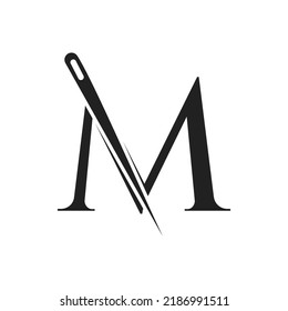 Letter M Tailor Logo, Needle and Thread Combination for Embroider, Textile, Fashion, Cloth, Fabric Template