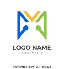 diseño del logotipo técnico de letra M, letra M y placa de circuito, logotipo combinado con estilo de color plano