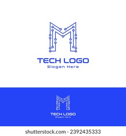 Letter M technology line dot connection logo design vector