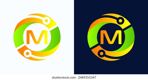 Letter M technology logo with circles and circuit board lines with letter M inside for digital, data, connection in green and orange gradient colors