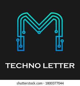 Plantilla del logotipo de la tecnología Letter m. Tecnología de punto ausente y color azul gradiente. adecuado para la industria, web, ordenador, red, aplicación, móvil, medios médicos, eléctricos, energía, etc.