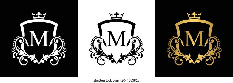 Letra M letra del logotipo de la plantilla con corona. alfabeto. Hermosa carta de iniciales reales.
