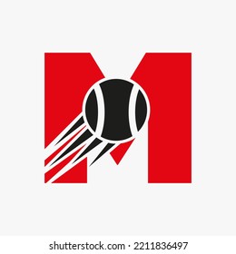 Letter M Tennis Logo Concept With Moving Tennis Ball Icon. Tennis Sports Logotype Symbol Vector Template