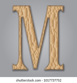 Letter M of textured leather. Decorative alphabet on grey background. Vector illustration
