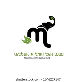 Letter M Thai Tea Vector Logo Design Inspiration for Thai Tea House and Café. Elephant Logo with Tea Leaves Vector Illustration Isolated on White Background