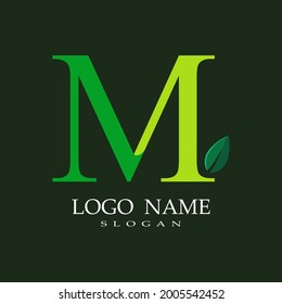 
letter M theme logo with a combination of leaves, nature theme, green