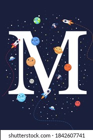 The letter M with the theme of outer space for Children. Letter graphic vector illustration for kids on outer space theme. space kids, letters for children.