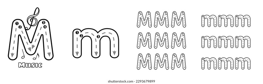 Letter M trace uppercase and lowercase ABC alphabet worksheet for kids English vocabulary. Handwriting tracing practice vector illustration.