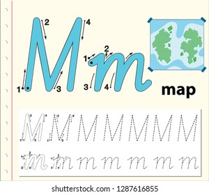 Letter M tracing alphabet worksheets illustration