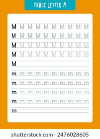 Letter m tracing worksheet designed for preschool and kindergarten students to practice handwriting skills. includes uppercase and lowercase letters with multiple tracing options, offering an essentia