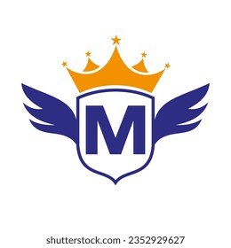 Letter M Transportation Logo With Wing, Shield And Crown Icon. Wing Logo On Shield Symbol