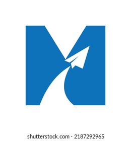 Letter M Travel Logo Combine With Flying Airplane Vector Template. Tourist Logo Element