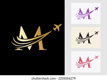 Letter M Travel Logo Concept With Flying Air Plane Symbol