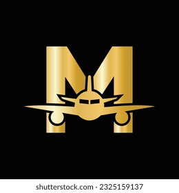 Letter M Travel Logo Concept With Flying Air Plane Symbol