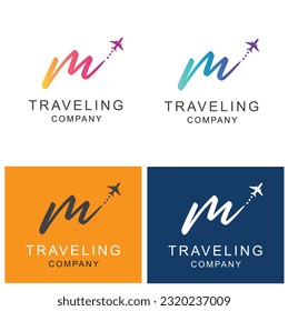 Letter M, travel logo design with a small plane.