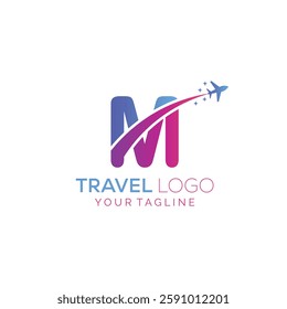 Letter M Travel Logo Design with plane. Icon of M for travel agency logo design.