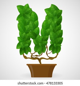 Letter M. Tree in the pot. Vector alphabet letters made from green leaves.