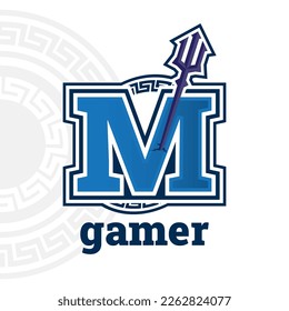 letter M with trident icon concept, trident esport logo illustration, isolated on white background
