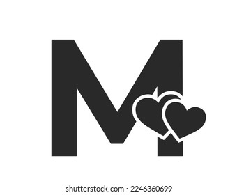 letter m with two hearts. decorative initial letter for valentine's day design. romantic and love symbol. isolated vector image in simple style
