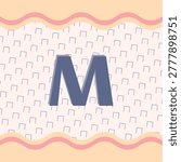 Letter M typography, happy serene twilight color palette, wave strip border, shield crest, shadowed lettering, stamp edge mask, circle outline grid edge accents pattern, with seashell, peach fuzz, rose quartz, slate blue color