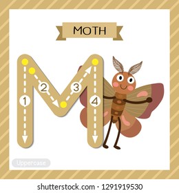 Letter M uppercase cute children colorful zoo and animals ABC alphabet tracing flashcard of Moth for kids learning English vocabulary and handwriting vector illustration.