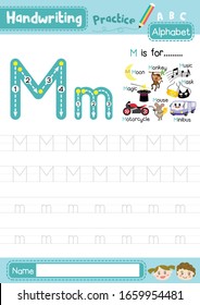 Letter M uppercase and lowercase cute children colorful ABC alphabet trace practice worksheet for kids learning English vocabulary and handwriting layout in A4 vector illustration.